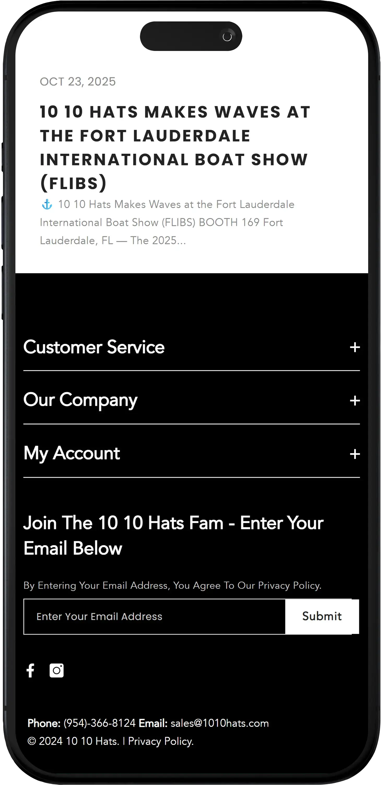 1010 Hats Homepage Mobile View