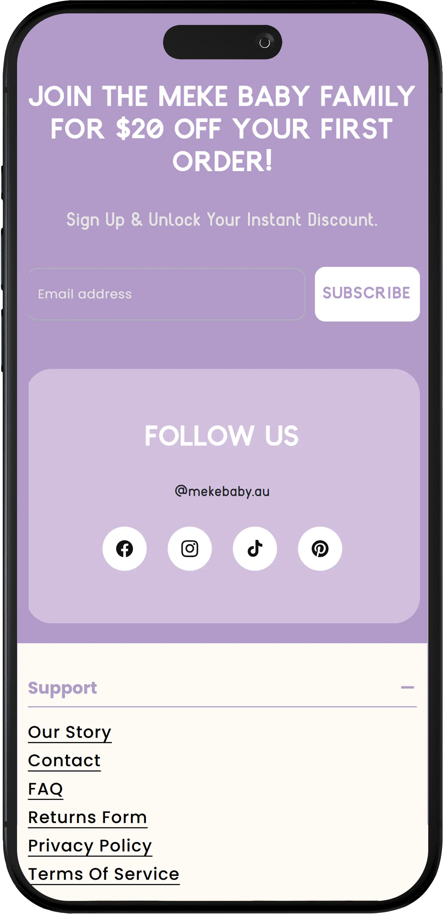 Meke Baby Homepage Mobile View